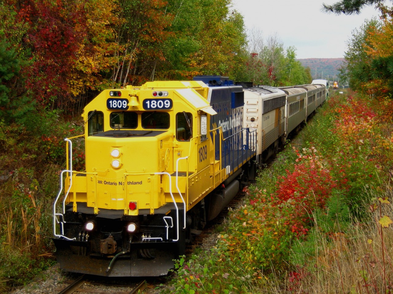 ONR #1809 pulling the Northlander consist plus a GO coach at mile 1 of the Temagami sub in North Bay, On.