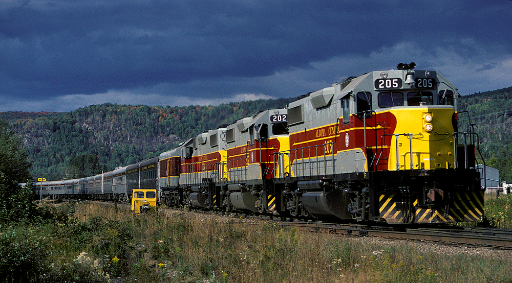 Sound bound Train No. 4 (The Agawa Canyon Tour) is at Searchmont with a set of almost new GP38-2\'s.