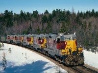 Extra 168 South has the white flags flying as it approaches the Sault. It was rare to see 5 GP7's on the ore trains at this time - usually the SD40's were used for this service.