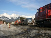 Train time at Banff, CP 470 takes the siding as CP 107 holds the main