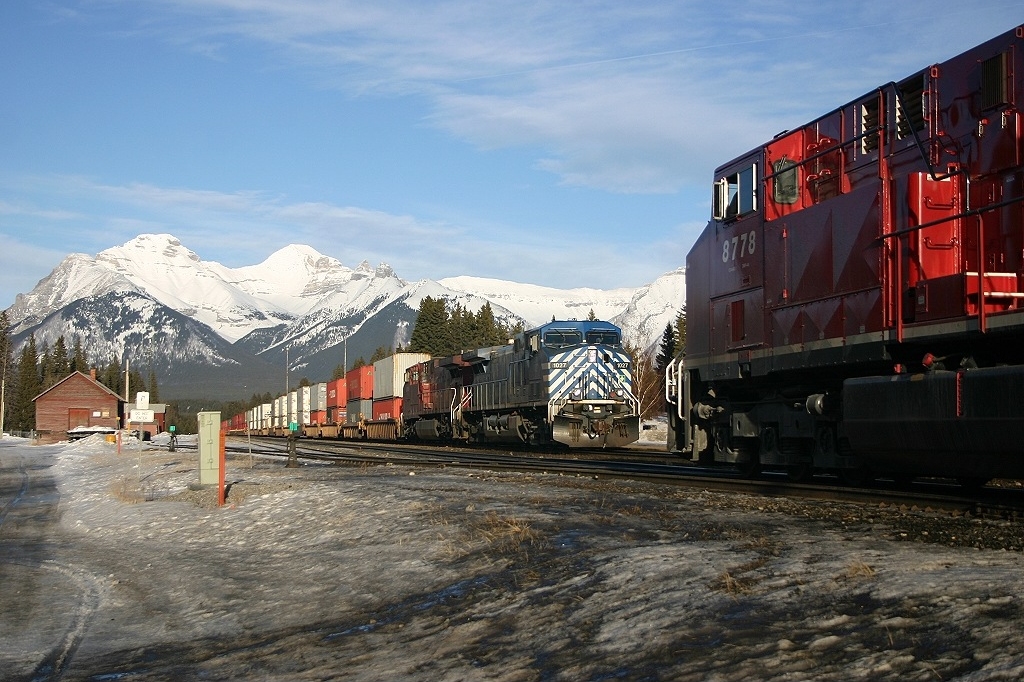 Train time at Banff, CP 470 takes the siding as CP 107 holds the main