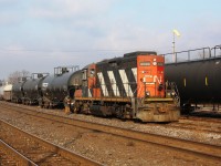 CN 4139 the power for CN 580 the Brantford switcher has just coupled to a cut of tank cars destined for Nanticoke via the Southern Ontario Railway.  They will cut off at the gondola and grab some cars from within the yard and then return the cut back to rest of the train.