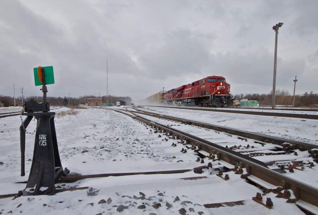 CP 8788 charges an eastbound manifest through Guelph Junction after a light snow