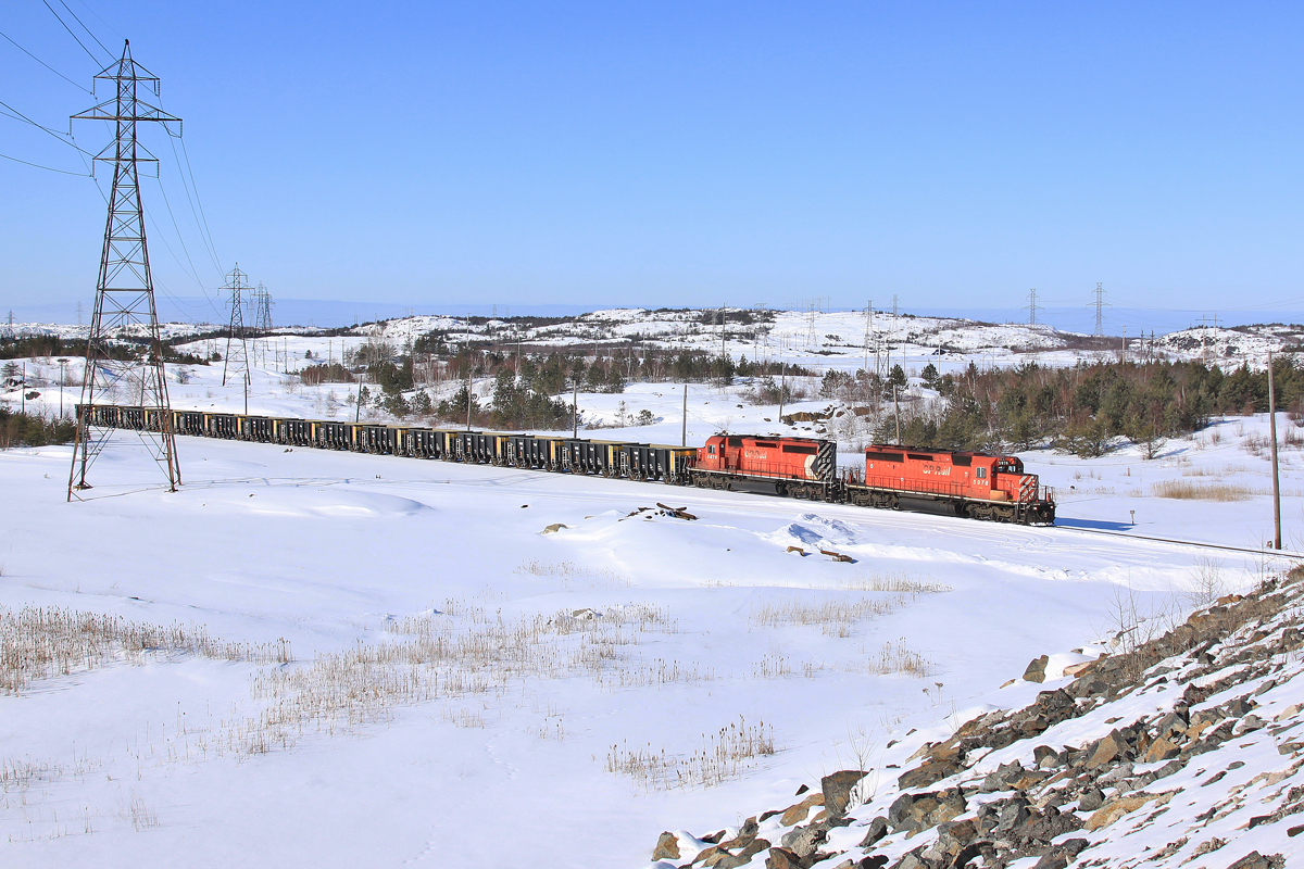 CP 5978 and another SD40-2 bring 15 empties out of Vale Mining in Sudbury, Ontario.