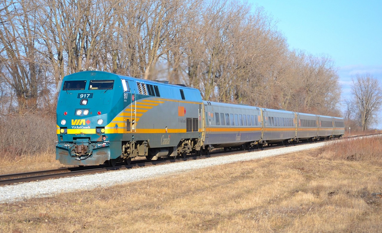 VIA 73 led by 917 flies westbound thru Jeannettes Creek
