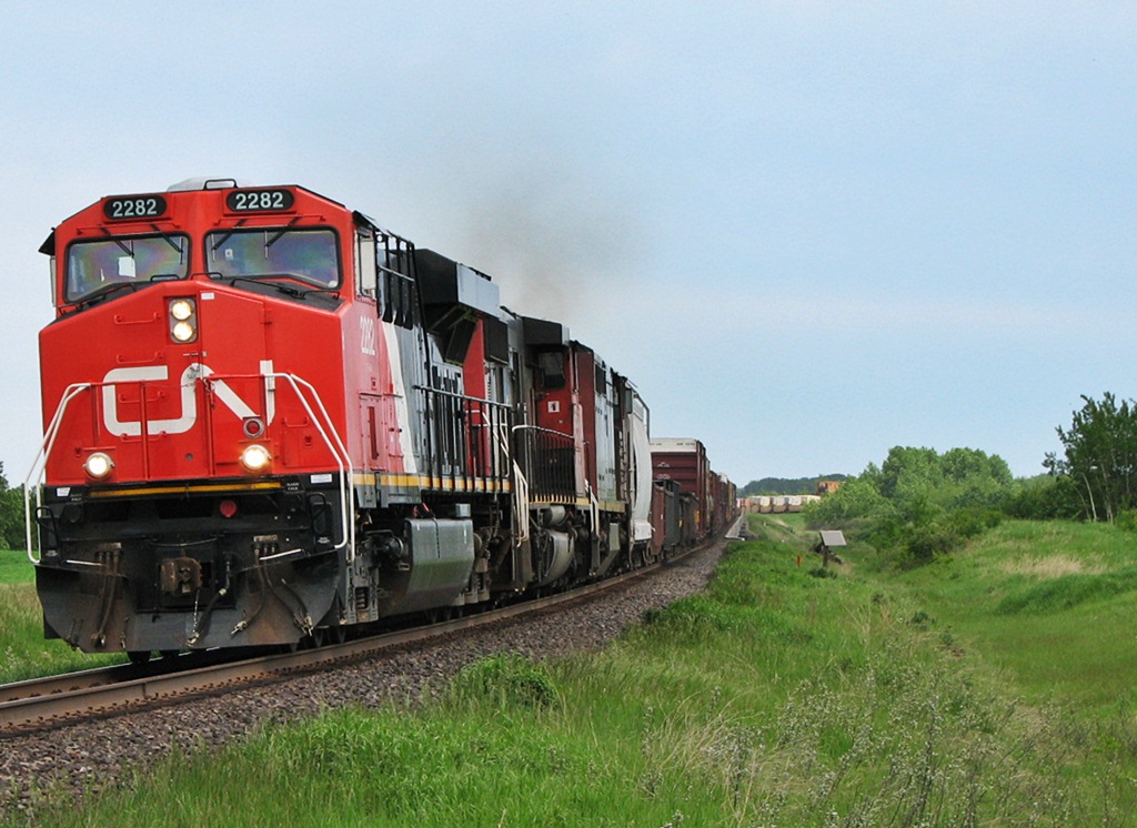 CN 2282 leads two other units and 403 at Cut Arm  as she leans into the curve.