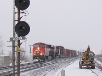 CN M36831 12 crosses over at Marysville ; the searchlight signals will soon be removed from service and replaced by bridge signals