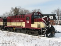 OSRX 182, an ex-CP RS18u, sits near the south end of Guelph near PDI's yard after being wyed. Delayed by 2 hours at Campbellville (Guelph Jct) by Transport Canada, 182 and 505 eventually made it here with their train of 2 tank cars and a caboose in tow.