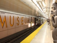 A set of 1975 H5 subway cars rolls into the renovated Museum Subway Station, southbound on the University line which opened in the early 1960's.