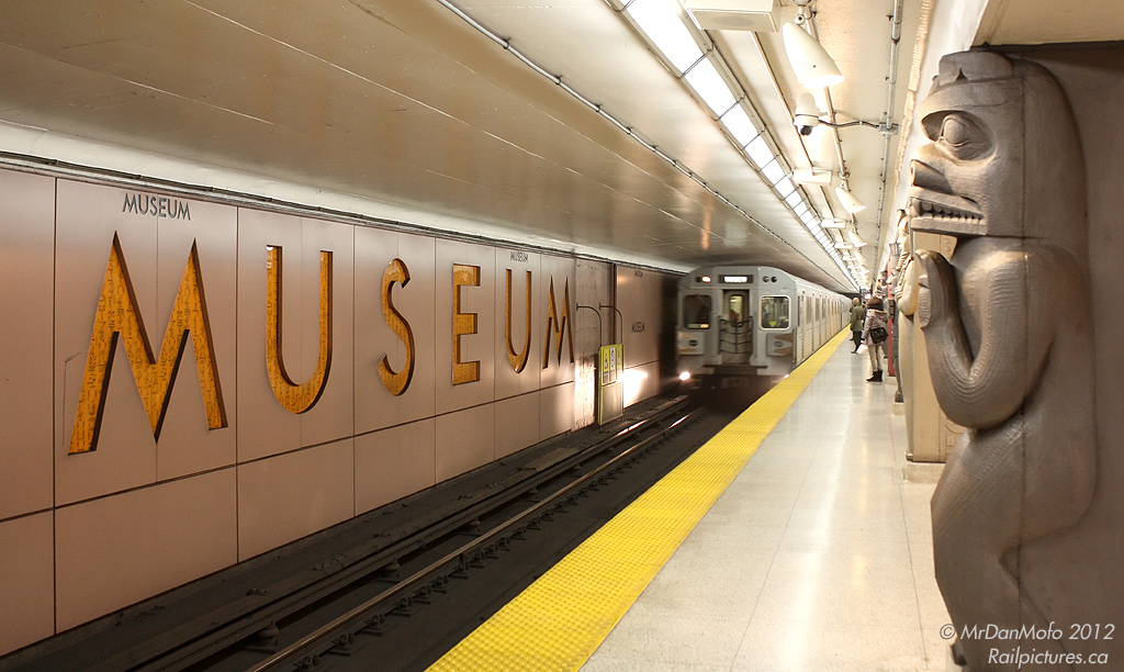 A set of 1975 H5 subway cars rolls into the renovated Museum Subway Station, southbound on the University line which opened in the early 1960\'s.