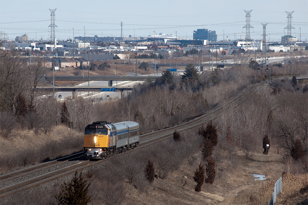 Something is not where it should be......the train! This is VIA 85, detouring via CN\'s Halton Sub around construction on the Weston Sub. This location cries out for a much longer train, but 85 is only two cars today.