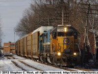 FEC 709 East, GEXR train 432 is passing through Guelph, Ontario on a cold February morning.