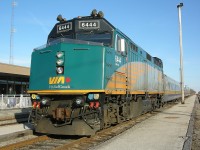 VIA 6444 resting after its trip down to Windsor, on train 73. After the passengers are unloaded, it will back down to the Jefferson Wye, and turn the complete train.