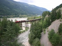 CP 671 crosses the Anderson River Bridge as it departs Boston Bar for the coast, the mighty Fraser River can be seen in the background