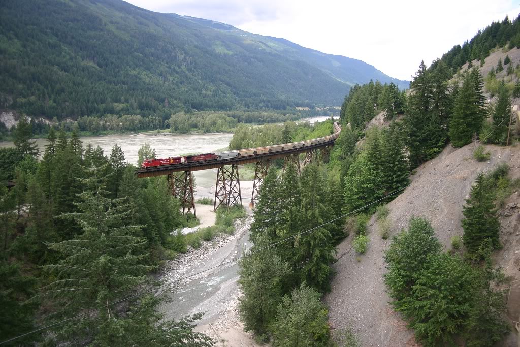 CP 671 crosses the Anderson River Bridge as it departs Boston Bar for the coast, the mighty Fraser River can be seen in the background