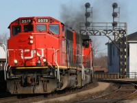 CN 435 screams through Brantford behind an eclectic pair of GP40-2W's, albeith both repainted into the new scheme!
