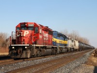 CP 5995 with ICE 6403 and CITX 3082 gets under way with ethanol train 627 from the siding at Belle River, mile 94.1 on the CP's Windsor Sub.