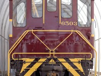The cab end of CP 6503, a Montreal Locomotive Works S3 switcher built in 1951 and shown here undercover with fresh paint at the West Coast Railway Heritage Park in Squamish.