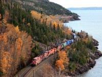 Along the shores of Lake Superior's Nipigon Bay, CP 8806 heads westward through the curves  at mile 27 on the CP's Nipigon Sub.