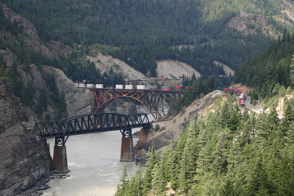 A westbound CP Intermodal crosses the River at Cisco