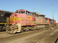 Ex BNSF C40-8 is ready on the shop track at Mac Yrd on March 14/2012. 2182 was the trailing unti on train 435 to London today