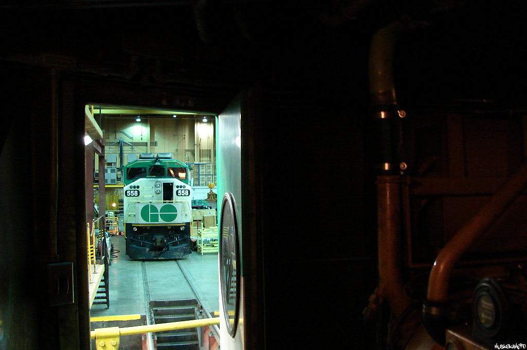 GO F59PH 558 seen sitting in the backshop at Willowbrook from the engine room of another F59PH. Taken with permission.