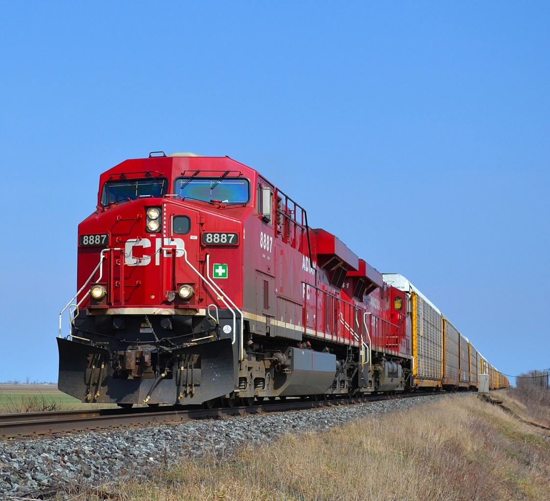 CP 141 led by a pair of CP Gevos, heads westbound towards Windsor