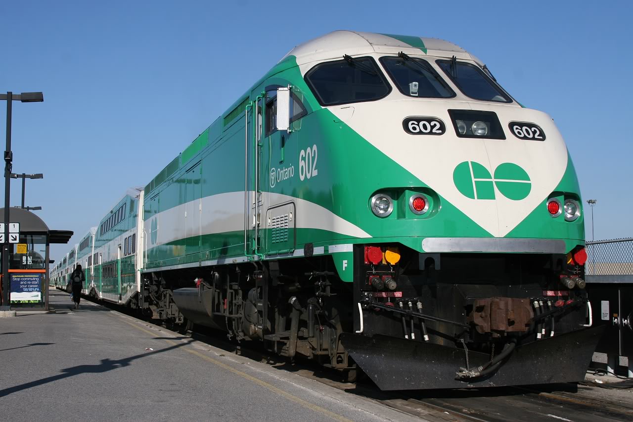 GO 602 idles at the Oshawa GO Station awaiting its trip westward to Aldershot