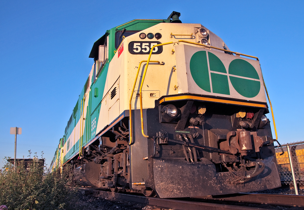 The start of a Sunday morning as we wait to depart Aldershot GO Station on time, the face of the classic Canadian wide cab makes her stance in the morning sunlight.