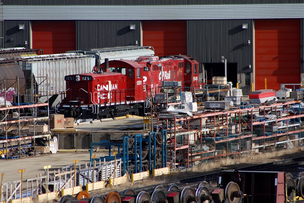 CP SW1200Rsu 1251 and GP9u 1546 sit at the shop tracks in Moose Jaw SK. Moose Jaw is home to two SW1200Rsu 1251 and 8111 both were shutdown at the time of the visit.