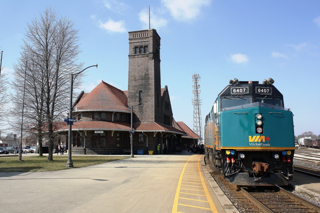 Via 6407 stopped by the Via Station in Brantford Ontario.  Via Train 72 was ontime and loaded its passengers quickly, but left enough time for a couple of shots.