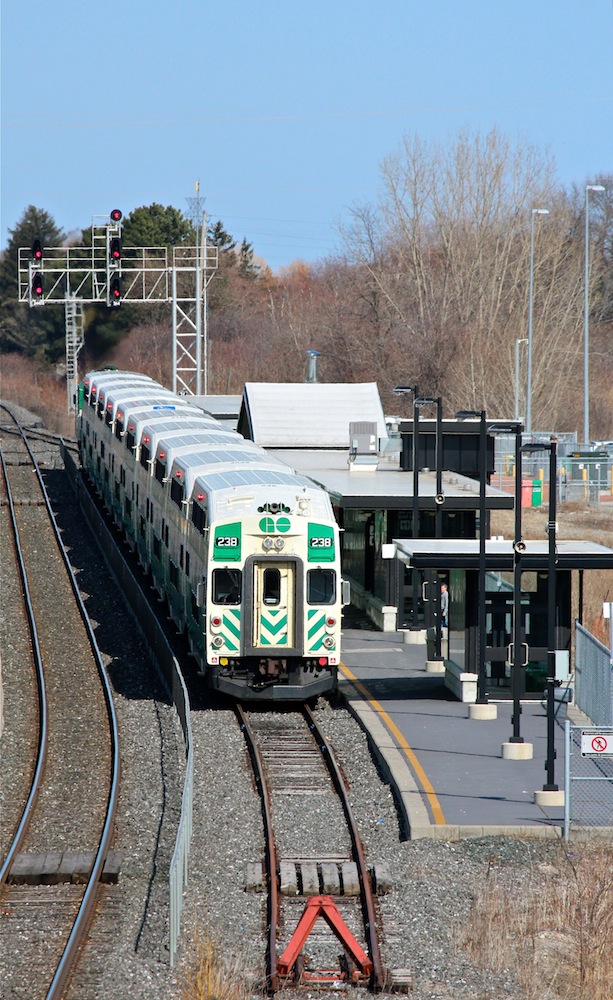 GO cabcar 238 goes from being the first to the last car in the consist as this GO train refuels and prepares to head back to Toronto.