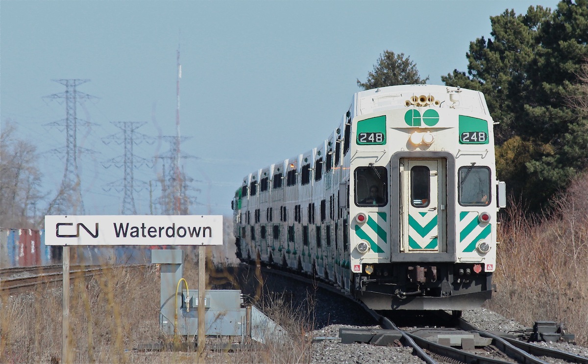 GO 248 leads this westbound train toward its final station stop at Aldershot Station with an MP40PH-3C pushing at the rear.