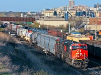 CN Train 369 Arvida to Mac Yard is on it's final leg of the journey as he pulls down York 1, meanwhile CN 372 is departing Mac Yard via York 3 conventional with work at Oshawa and Belleville. 