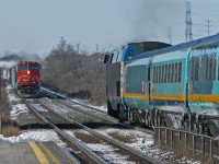 CN 368 and VIA 53 meet at the west end of the VIA platform in Kingston, Ont.