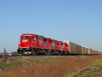 Ex SOO's, CP 6240, 6260 and 6254 charge westward with train 147 at mile 90.8 on the CP's Windsor Sub.
