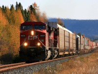 A glorious fall day greets CP 9604 with train 103 fighting the grade at mile 57.88 on the CP's Nipigon Sub.
