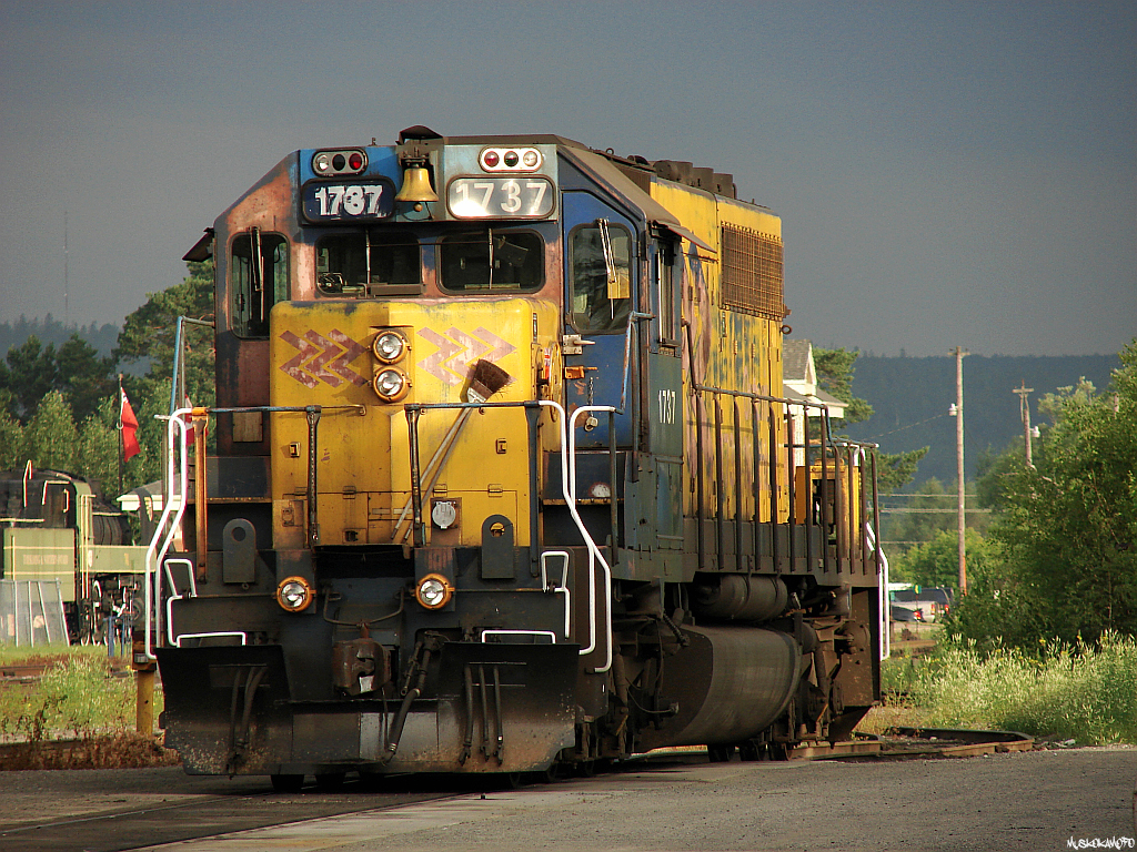ONT SD40-2 1737 basks in the first rays of morning sun waiting for her assignment, she would go out on train 211-05 later that afternoon after a day as the Englehart yard job. This unit would be wrecked on 04/13/2011 along with SD75i\'s 2100 and 2102. 1737 was retired and scrapped, and 2100 has been parted out to rebuild 2102 pending the sale/divestment of the ONTC.