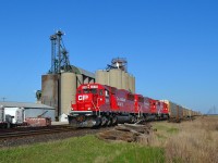 CP 147 led by a trio of fresh rebuilt ex SOOs, heads westbound past the grain elevator at Haycroft