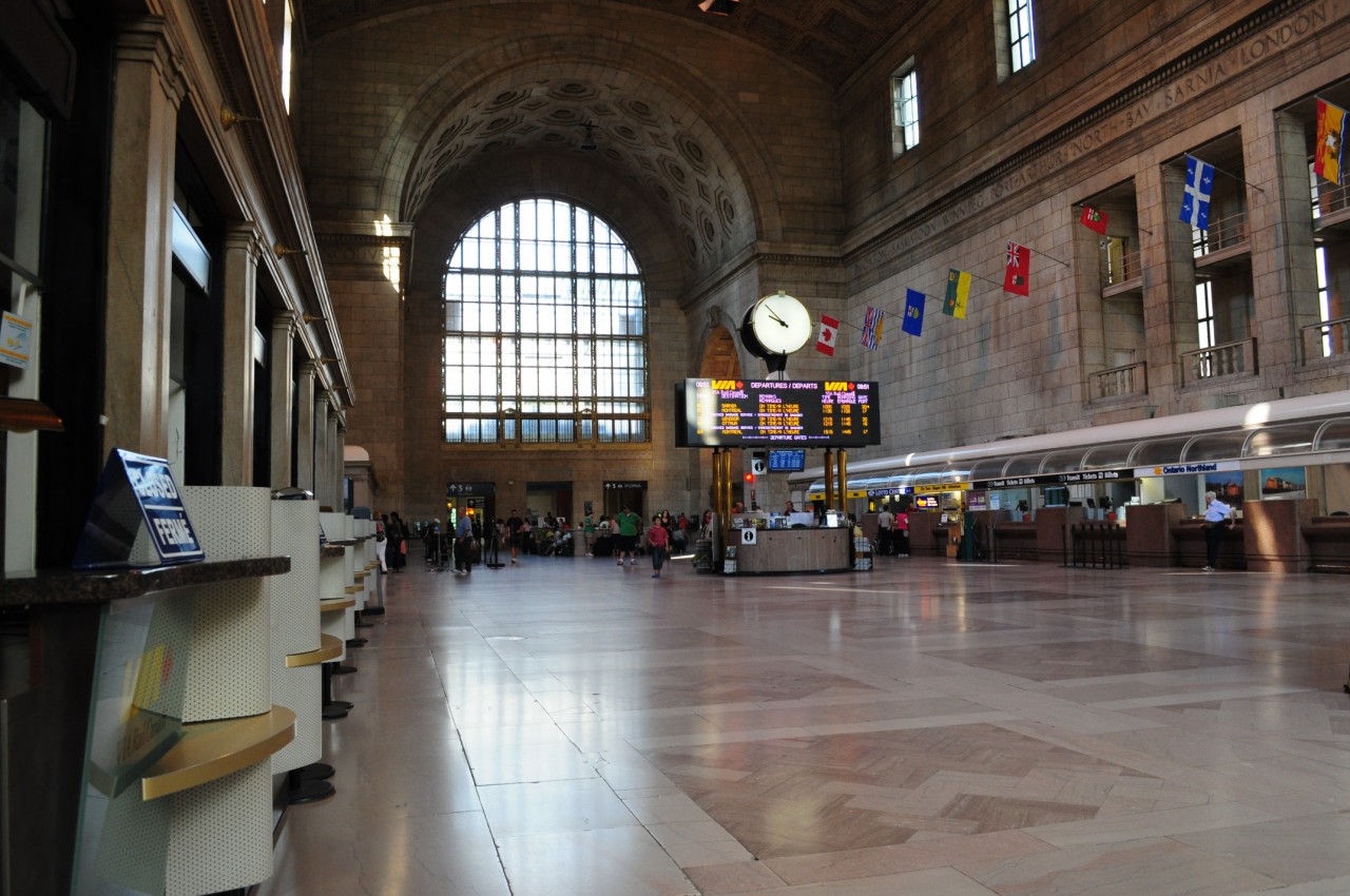 For many and at one time and perhaps even today - the Depot is the centre of the universe - the Toronto Union Station Great Hall shown here circa August 18, 2011. The quiet ONR ticket sales counter will soon disappear. Major construction work continues in the building\'s sub basement and what impact this will have on the Hall remains to be seen. Image by S.Danko.