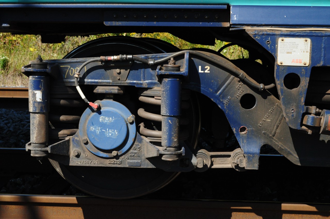 The L2 axle - wheel on Via Rail\'s Renaissance equipment shows the European design, Via #51 at Port Hope, Ontario Sept 14, 2011. Today Via train #51 does not serve Port Hope. Image by S. Danko.