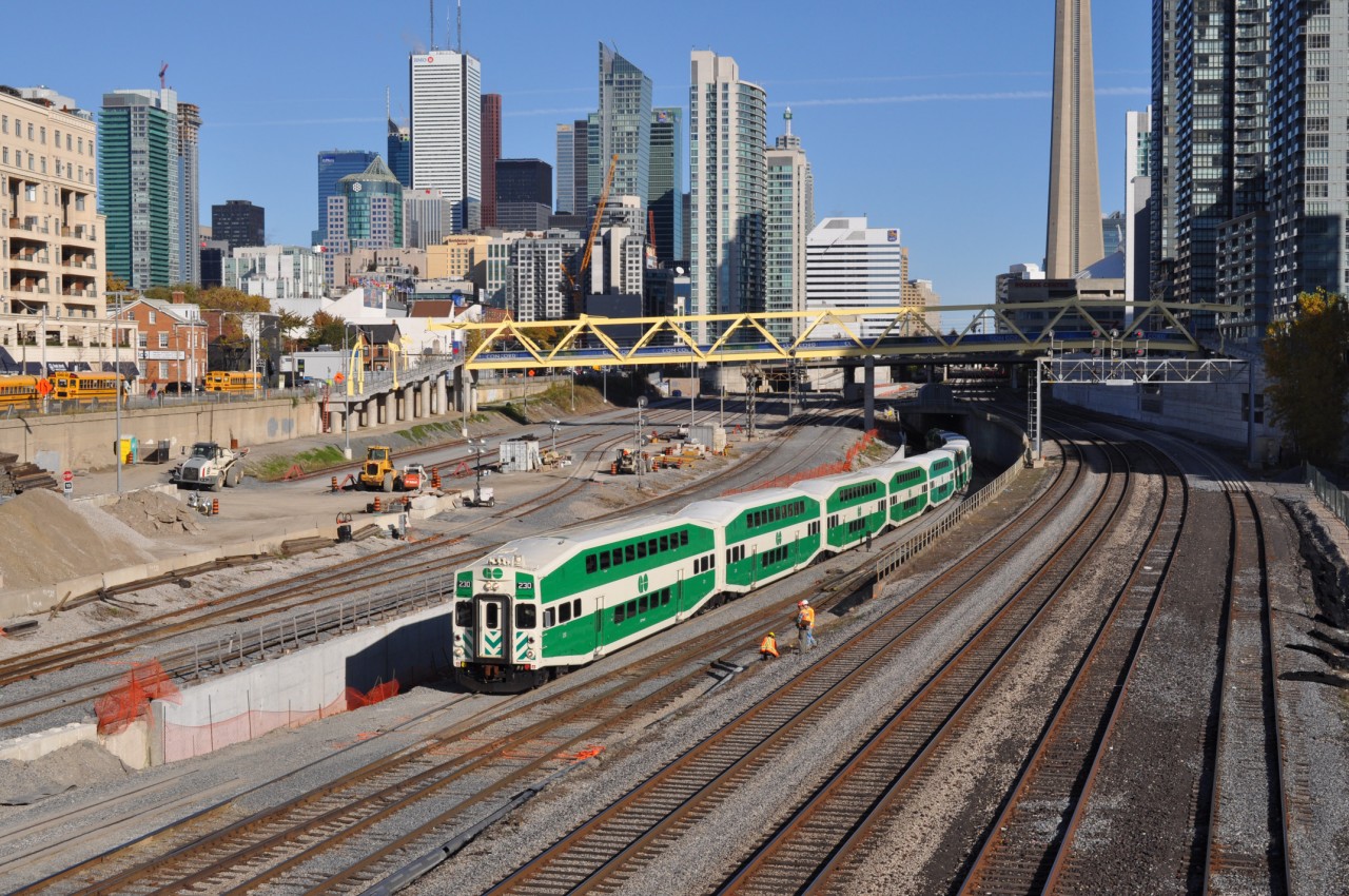 The changing eastward view from Bathurst Street: One of four images showing the changes through years: 1979, 1980\'s and 2011. Go Transit hourly departure on Saturday November 5, 2011. Image by S. Danko.