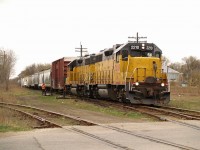 GEXR's train 582 has just arrived at Guelph with LLPX 2210 - LLPX 2236 and 16 cars. Once they clear the switch were the crew member is located they will back in the clear and then turn north and set off some cars inthe yard.