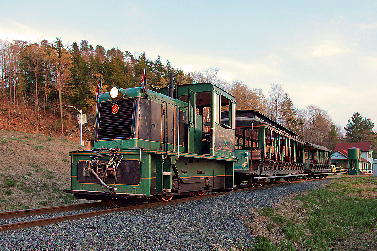 After a rare evening run at the special request of our Mayor I have the Huntsville and Lake of Bays Railway\'s Portage Flyer posed for a shot while the yard switches are being thrown  in preparation for putting the train to bed.