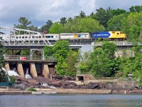 Southbound ON 698 crosses the north branch of the Muskoka River at Bracebridge Falls with shiny ON 1809 leading.