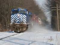 CP 243 departs Nissouri with a CEFX-CP-SOO-SOO lashup.