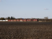 As another day comes towards a close a pair of GE AC4400CWs thunders across a field in rural Carlisle, Ontario.