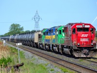 CP 642 led by SOO 6056 along with a pair of CITX and an ICE, proceeds in the Tilbury siding to the east switch where it will wait for 2 westbound trains to pass.