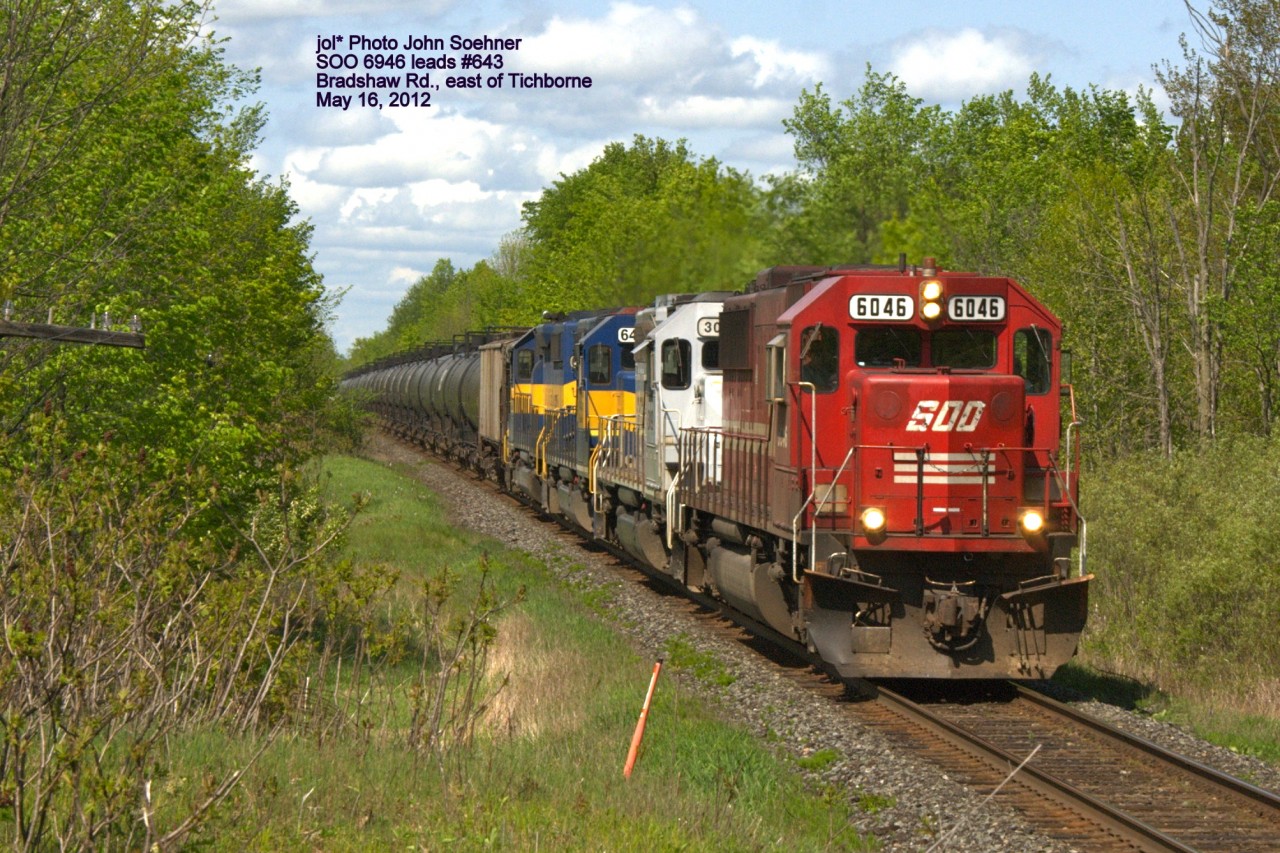 CP #643 lead by SOO 6046 approaching Bradshaw Road, east of Tichborne May 16, 2012