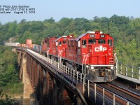 CP Gensets 2101 2100 and SD40-2 5879 with #230 at Mud Lake Trestle, Feldspar, Ontario August 31, 2010